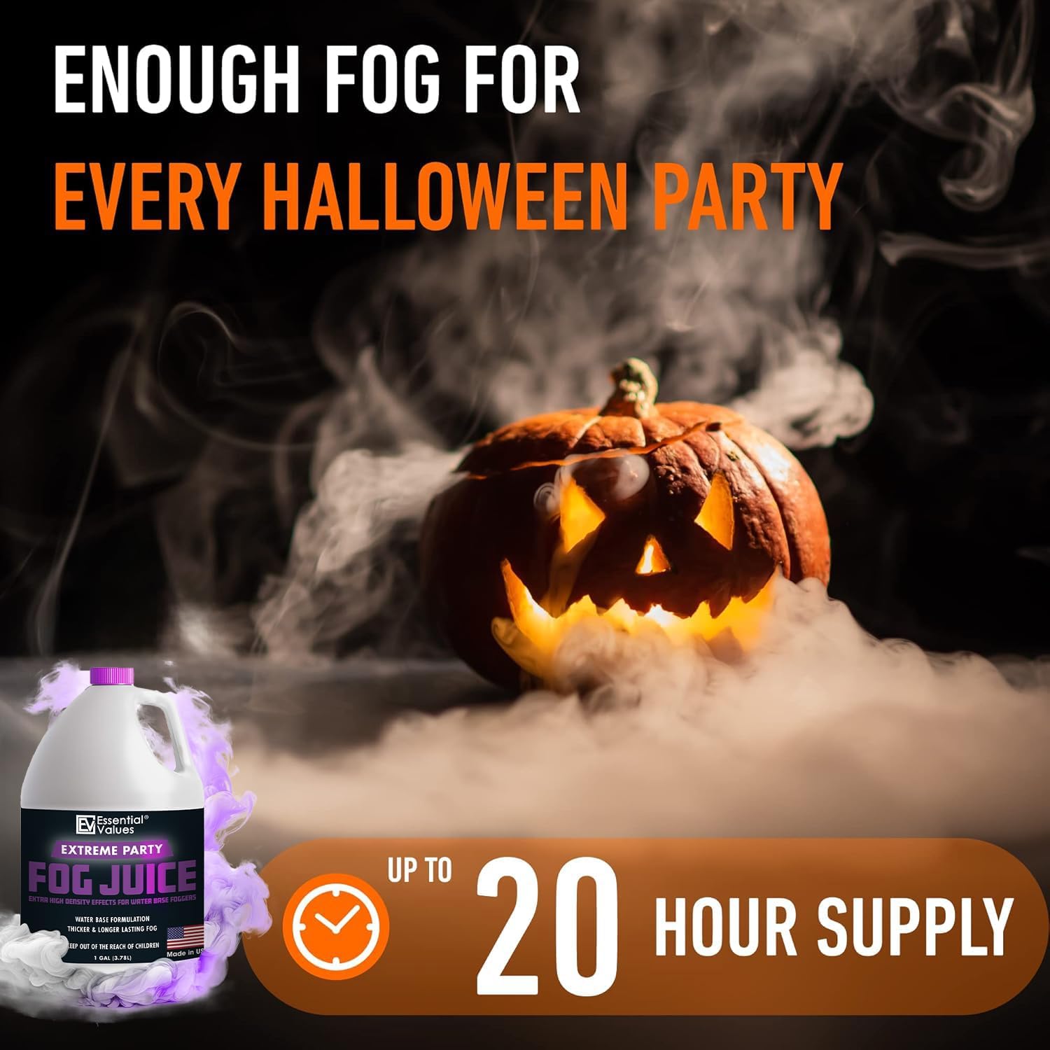 Essential Values Fog Machine Liquid - Long-Lasting Fog Juice for Smoke Machine Extreme High-Density, 32oz/Quart – Manufactured in USA – Water Based Foggers 700+ Watt Machines