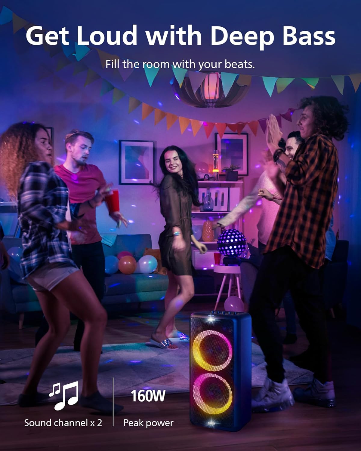 PHILIPS X3206 Bluetooth Party Speaker with Deep bass, Up to 14 Hours Battery, Party Lights and Karaoke Effects, Microphone and Guitar Input, Audio-in, USB Charging, Built-in Trolley, TAX3206