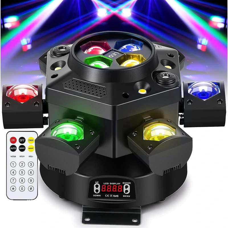 150W RGBW Moving Head DJ Light with 6 Arms, Sound-Activated DMX Bee-Eye Effect