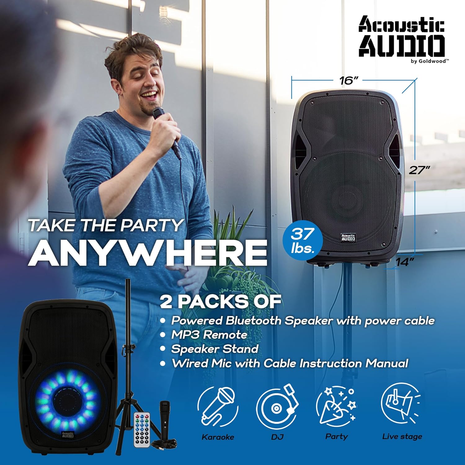Acoustic Audio by Goldwood 1000W Bluetooth Speaker w/ Flashing LED, Large Plug-In PA System w/ Stand, Mic, & Remote for Karaoke, DJ, or Tailgate Party