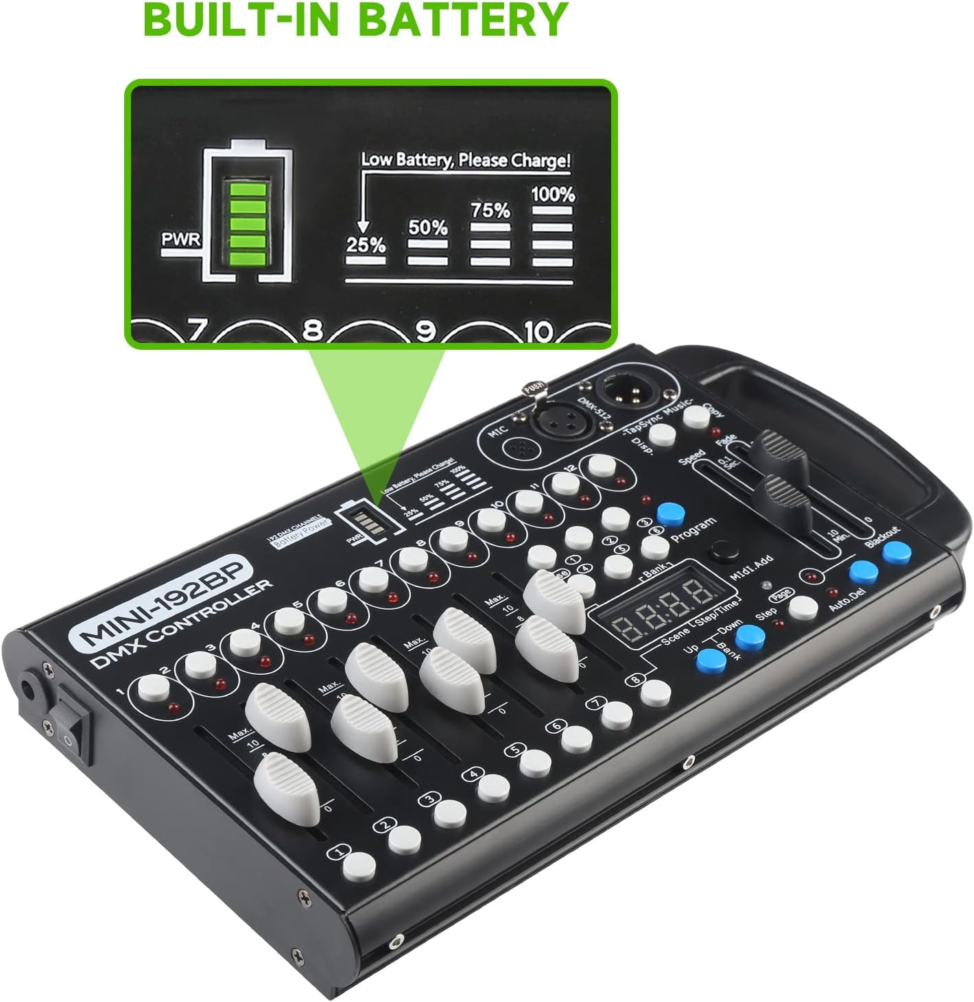 Battery Dmx Controller with Midi, Portable Dmx Controller for Moving Head Lights, Dmx 192 Controller Lighting Console, Dmx512 Controller with Built-in Battery
