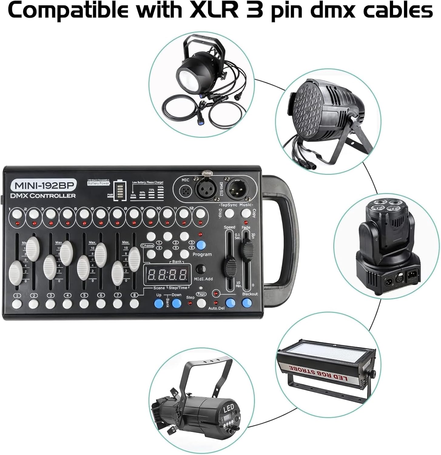 Battery Dmx Controller with Midi, Portable Dmx Controller for Moving Head Lights, Dmx 192 Controller Lighting Console, Dmx512 Controller with Built-in Battery
