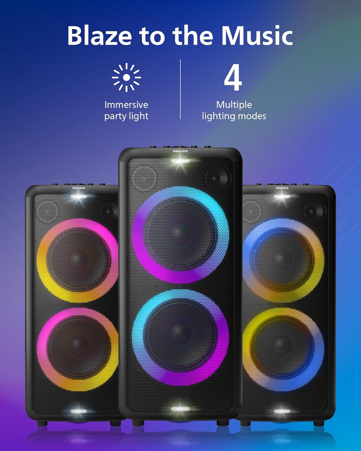 PHILIPS X3206 Bluetooth Party Speaker with Deep bass, Up to 14 Hours Battery, Party Lights and Karaoke Effects, Microphone and Guitar Input, Audio-in, USB Charging, Built-in Trolley, TAX3206