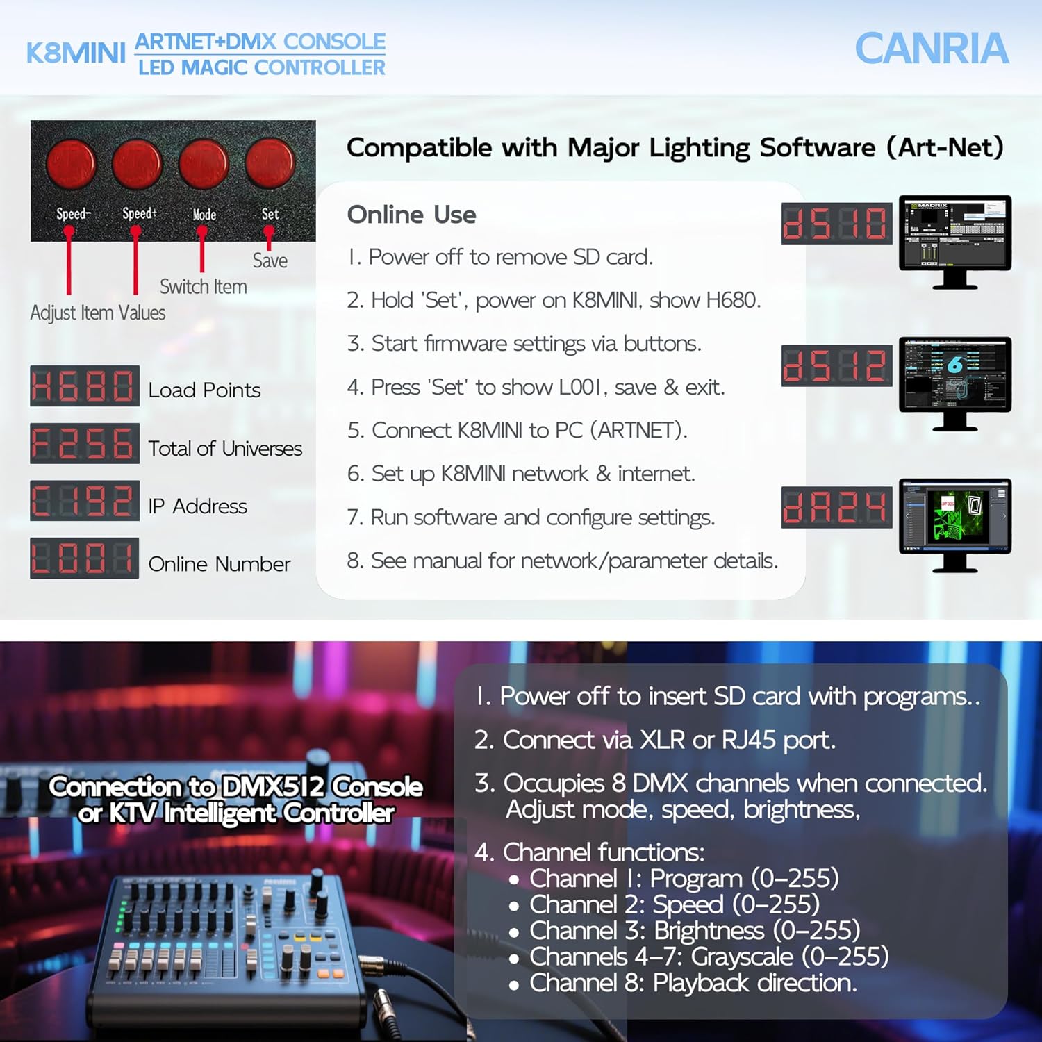 K8 ARTNET+DMX CONSOLE LED CONTROLLER, Suitable for SPI and DMX512 LED Light, Online Offline, Addressable Programmable, 1G SD Card With 96 Program Modes and Offline Software.