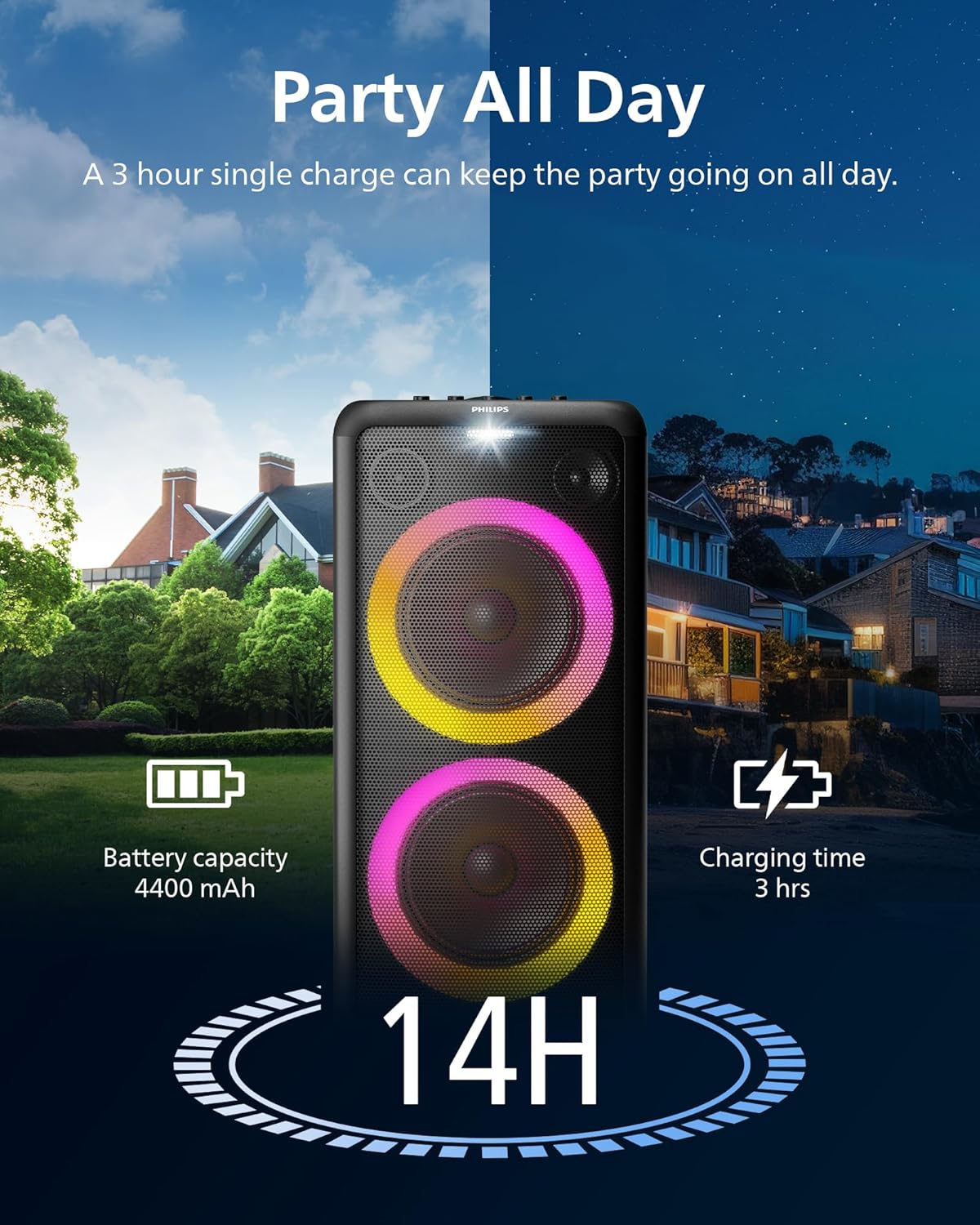 PHILIPS X3206 Bluetooth Party Speaker with Deep bass, Up to 14 Hours Battery, Party Lights and Karaoke Effects, Microphone and Guitar Input, Audio-in, USB Charging, Built-in Trolley, TAX3206