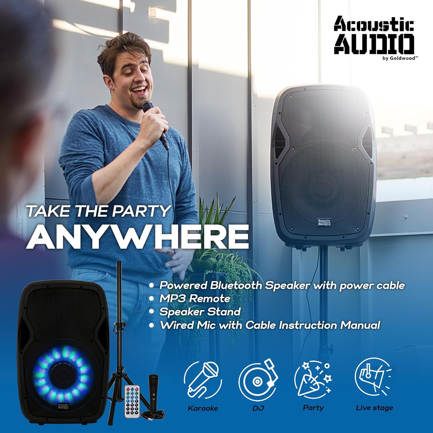 Acoustic Audio by Goldwood 1000W Bluetooth Speaker w/ Flashing LED, Large Plug-In PA System w/ Stand, Mic, & Remote for Karaoke, DJ, or Tailgate Party