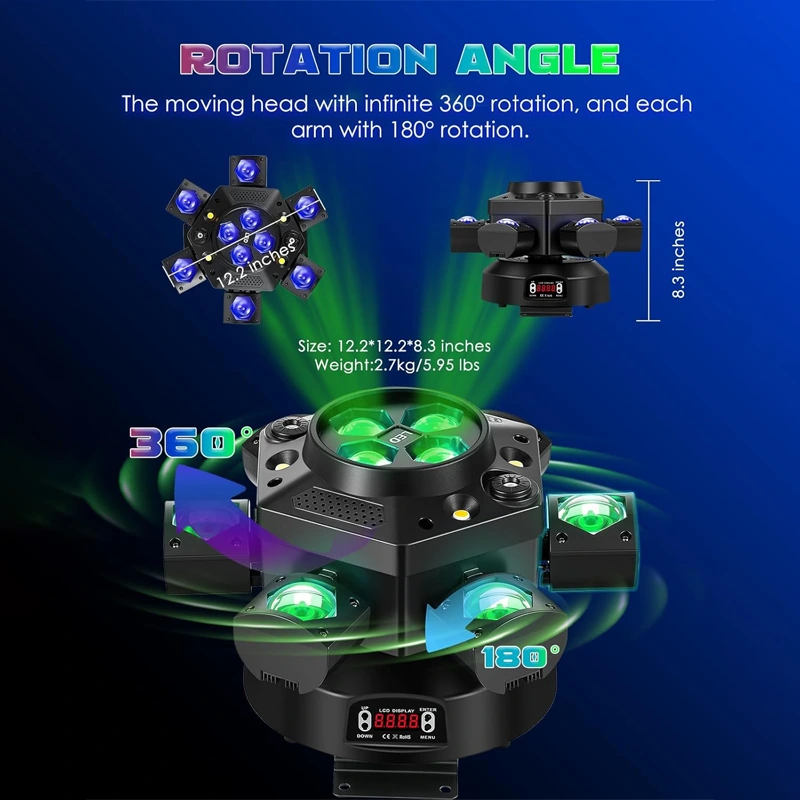 150W RGBW Moving Head DJ Light with 6 Arms, Sound-Activated DMX Bee-Eye Effect