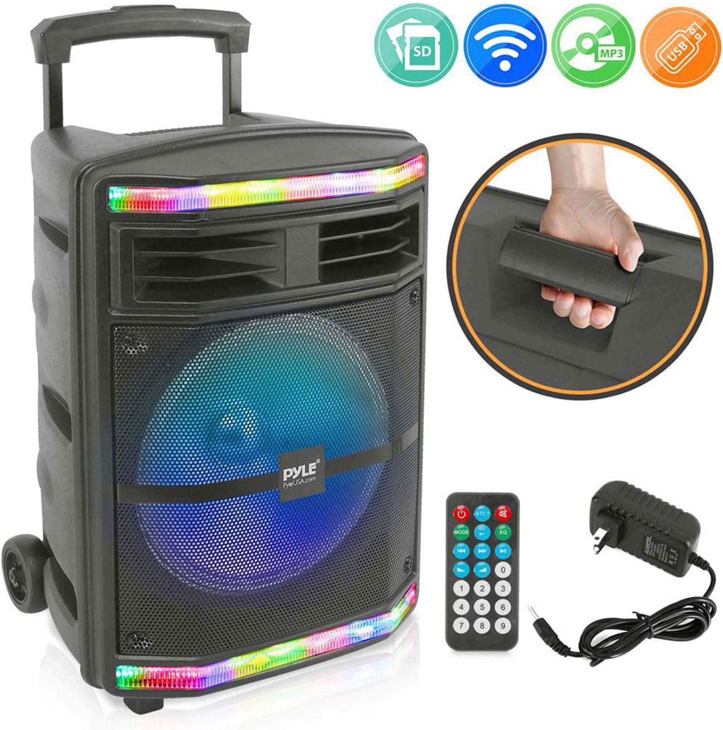 Pyle Portable Bluetooth PA Speaker System - 600W Bluetooth Speaker Portable PA System W/ Rechargeable Battery, Party Lights, MP3/USB SD Card Reader, Rolling Wheels - Pyle PPHP1044B