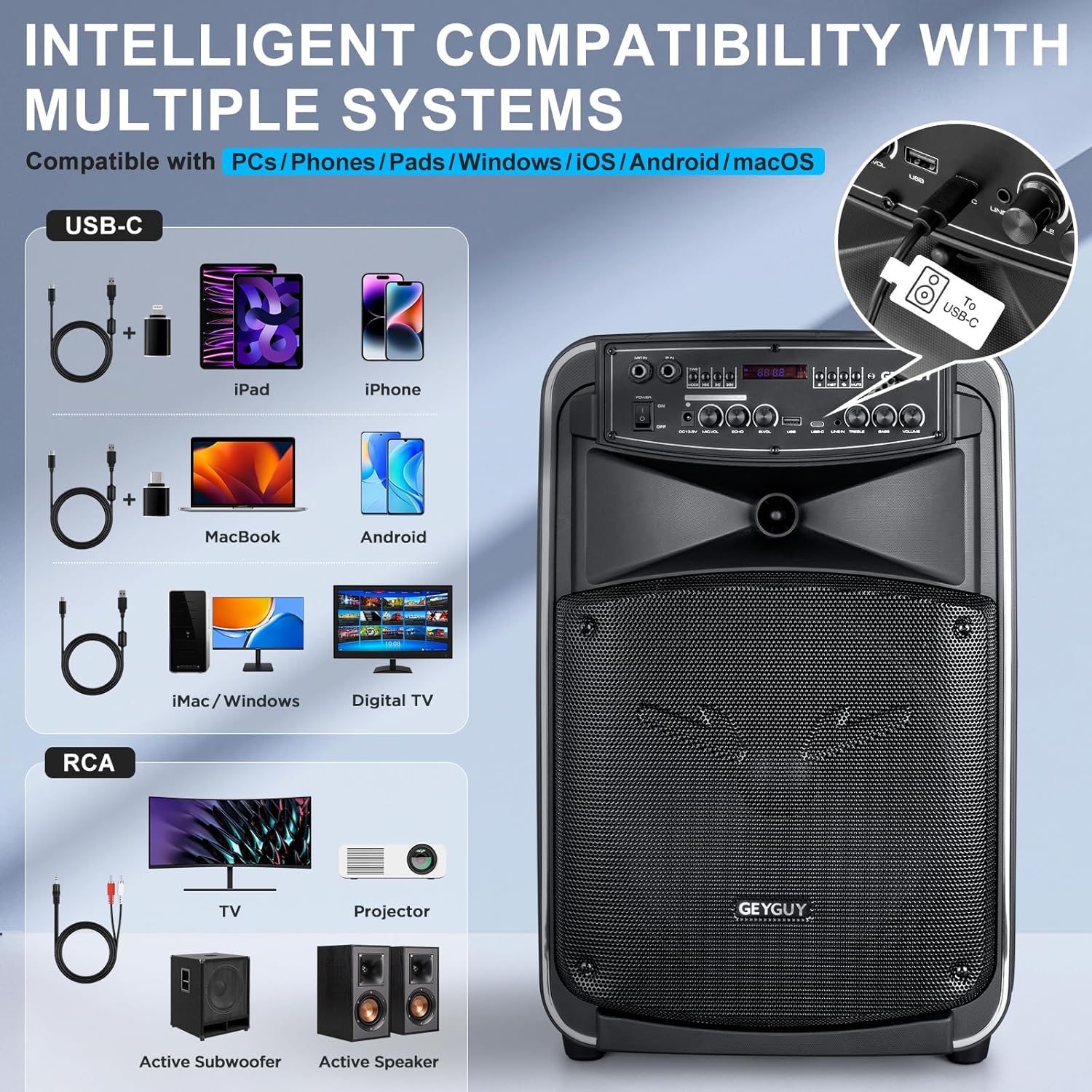 GTSK12-2 Portable Bluetooth PA Speaker System - 12'' Subwoofer, UHF Wireless Mics, TWS Stereo Pairing, USB-C/MP3/SD/FM/AUX, Rechargeable Battery, Rolling Wheels for Party, Events
