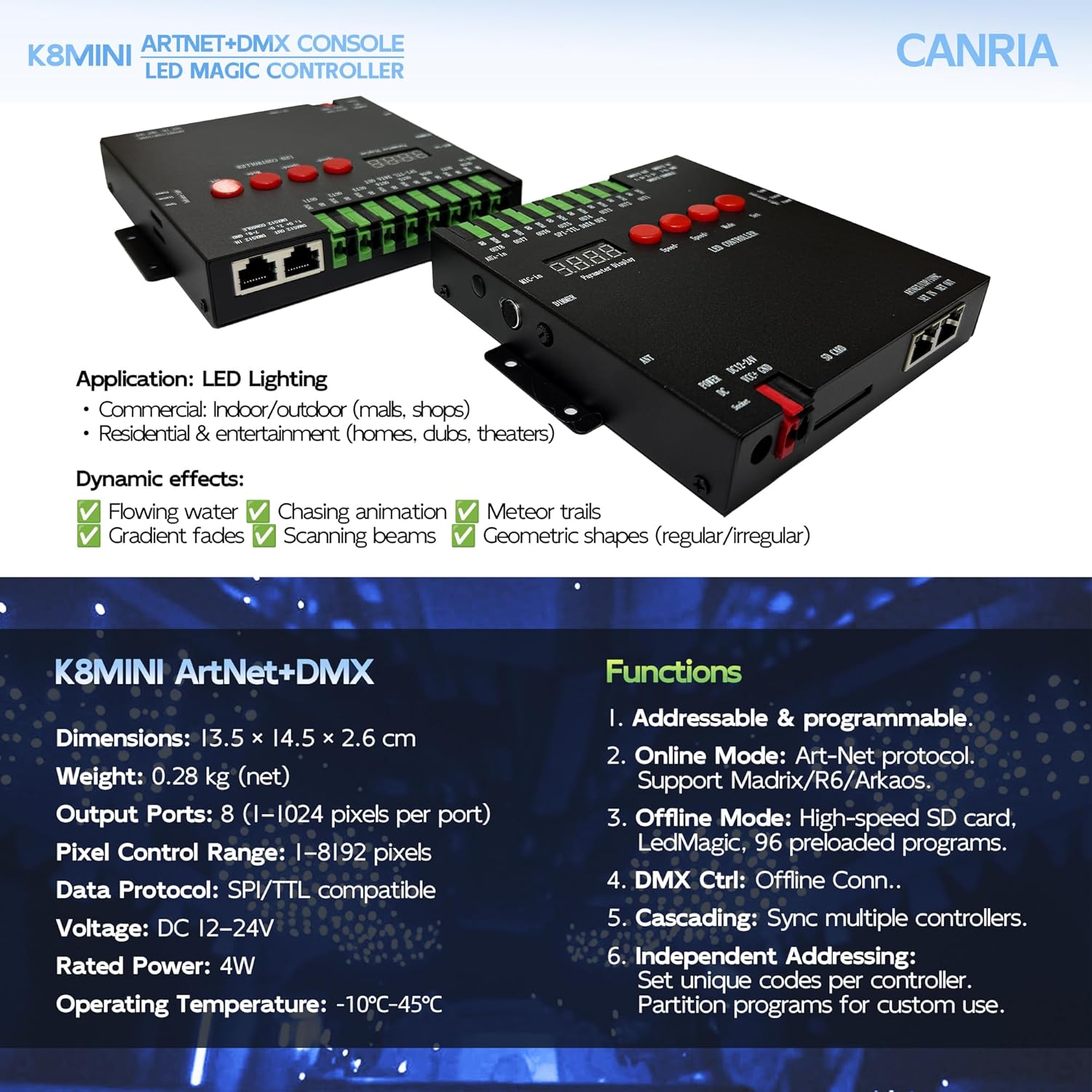 K8 ARTNET+DMX CONSOLE LED CONTROLLER, Suitable for SPI and DMX512 LED Light, Online Offline, Addressable Programmable, 1G SD Card With 96 Program Modes and Offline Software.