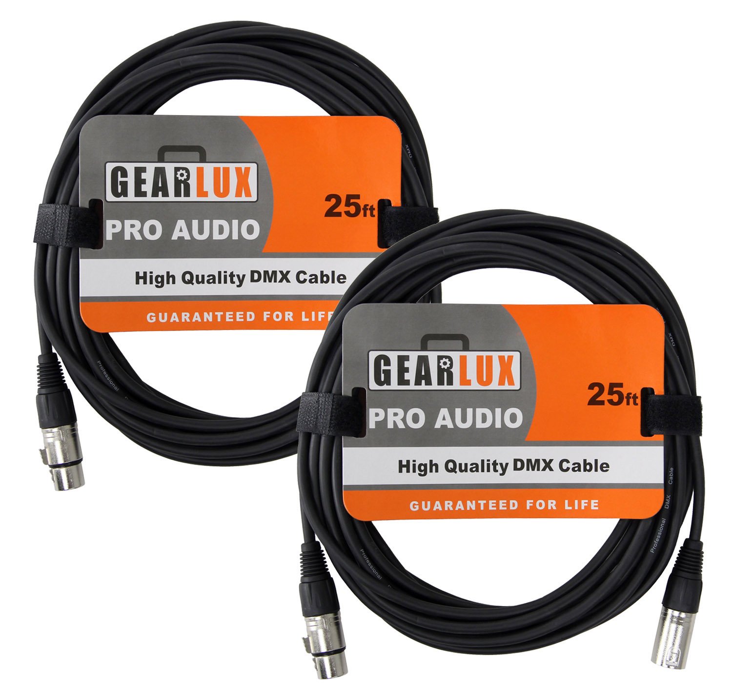 Gearlux DMX Cable, 3 Pin, Male to Female, 25 Feet - 2 Pack