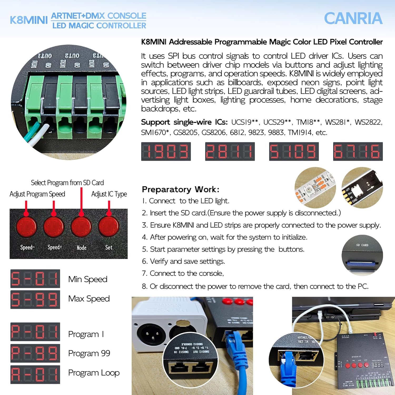 K8 ARTNET+DMX CONSOLE LED CONTROLLER, Suitable for SPI and DMX512 LED Light, Online Offline, Addressable Programmable, 1G SD Card With 96 Program Modes and Offline Software.