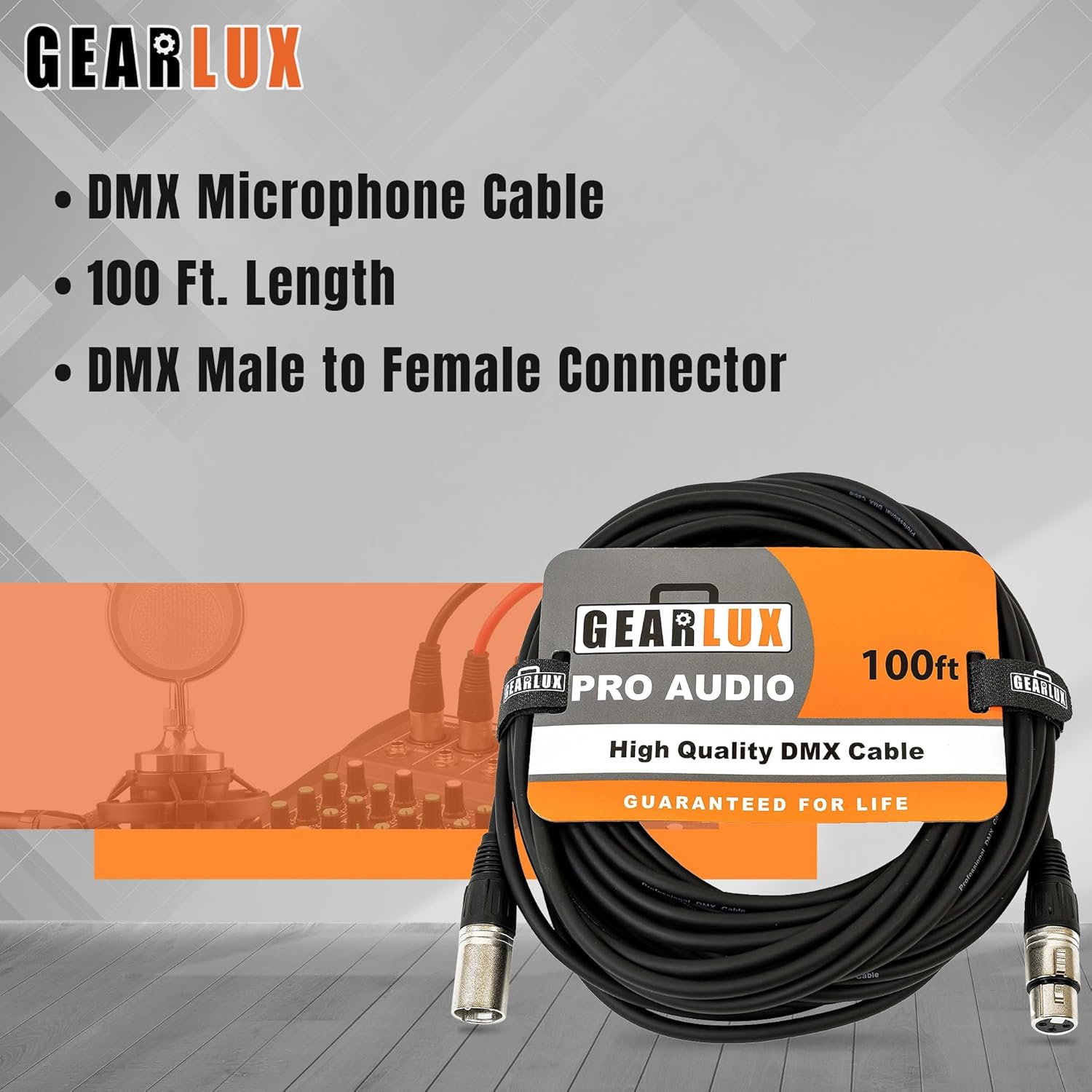 Gearlux DMX Cable, 3 Pin, Male to Female, 25 Feet - 2 Pack