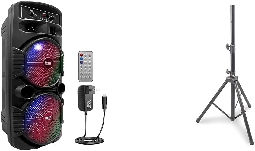 Pyle Portable Bluetooth PA Speaker System - 600W Rechargeable Outdoor Bluetooth Speaker Portable PA System w/ Dual 8” Subwoofer 1” Tweeter, Microphone In, Party Lights, USB, Radio, Remote - PPHP2835B