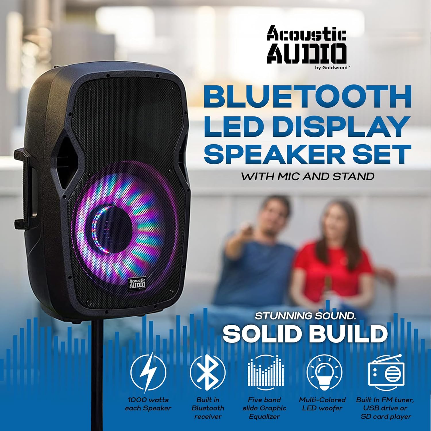 Acoustic Audio by Goldwood 1000W Bluetooth Speaker w/ Flashing LED, Large Plug-In PA System w/ Stand, Mic, & Remote for Karaoke, DJ, or Tailgate Party