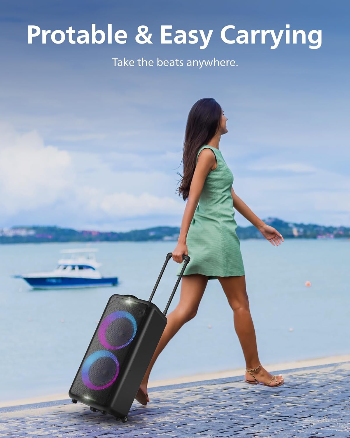 PHILIPS X3206 Bluetooth Party Speaker with Deep bass, Up to 14 Hours Battery, Party Lights and Karaoke Effects, Microphone and Guitar Input, Audio-in, USB Charging, Built-in Trolley, TAX3206