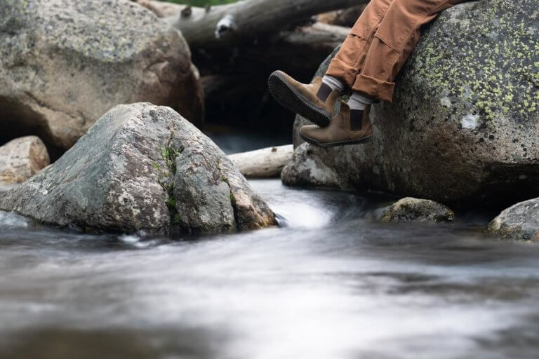 Ridgeway Chelsea boots hover just above a stream