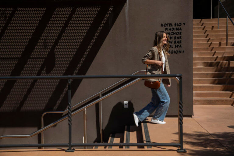 A woman out and about on a sunny day in her Dillon Leather shoes