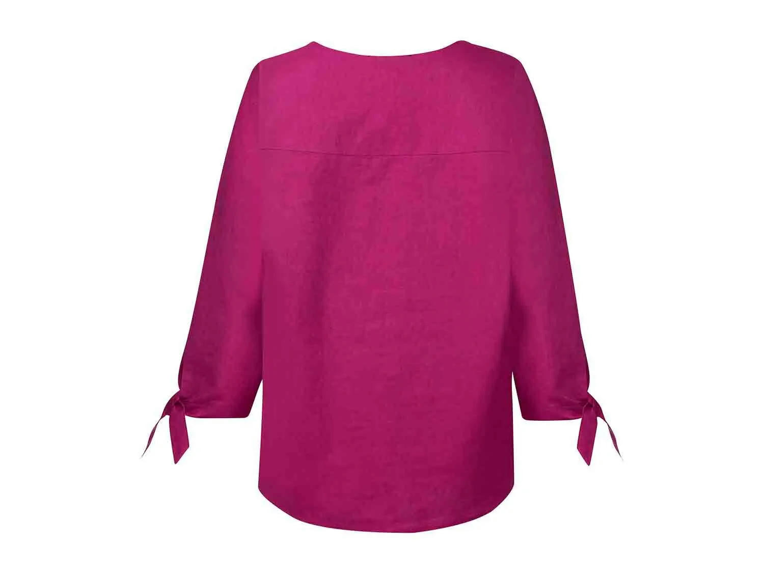 Blusa de cáñamo con cuello de pico y manga 3/4 para mujer