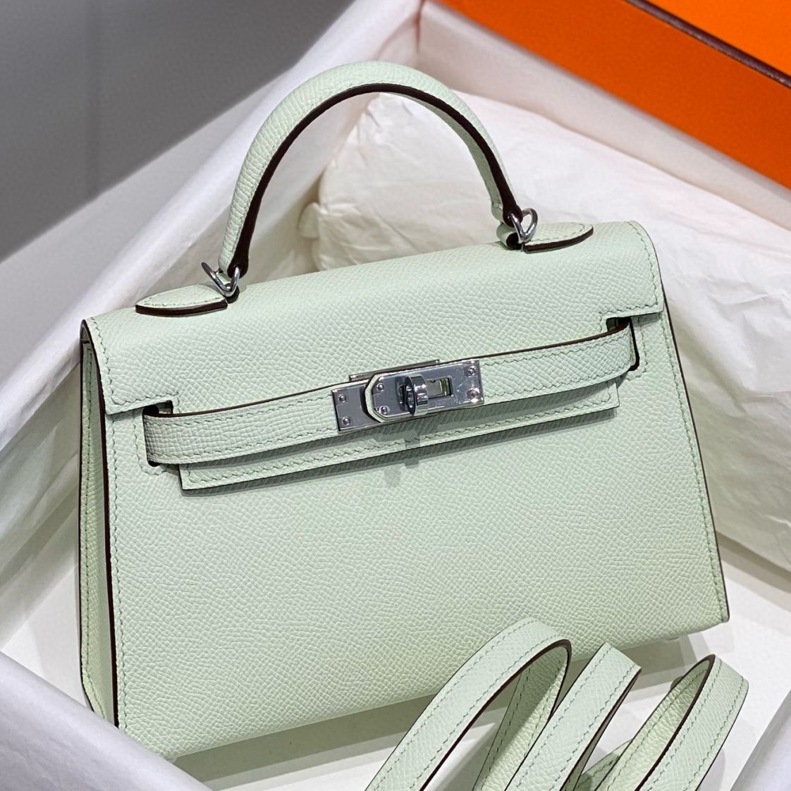 Hermes Kelly Mini II Bag In Vert Fizz Epsom Leather PHW - ReplicaTop