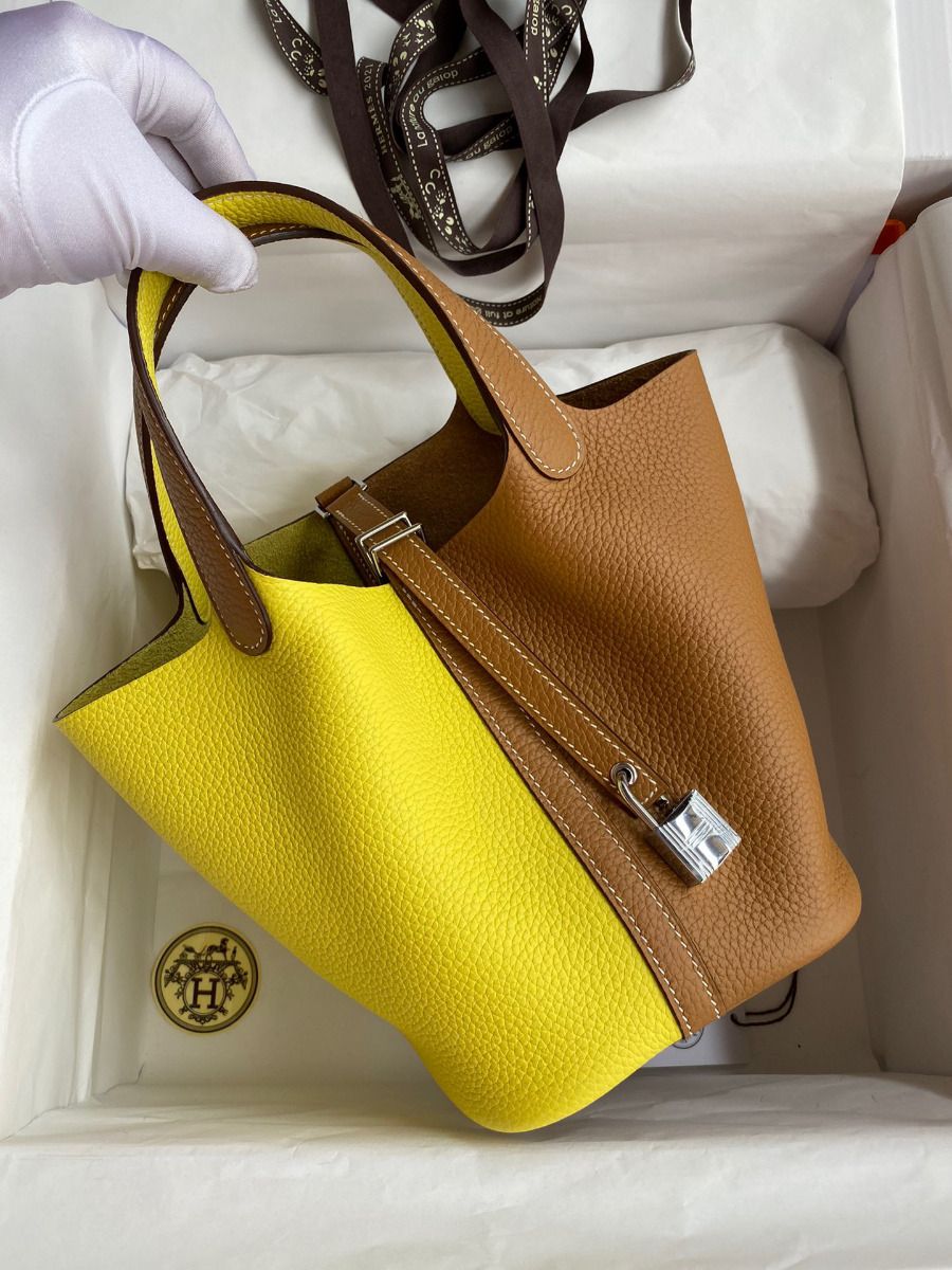 Hermes Picotin Lock 18 Bicolor Handmade Bag in Lime and Gold Clemence