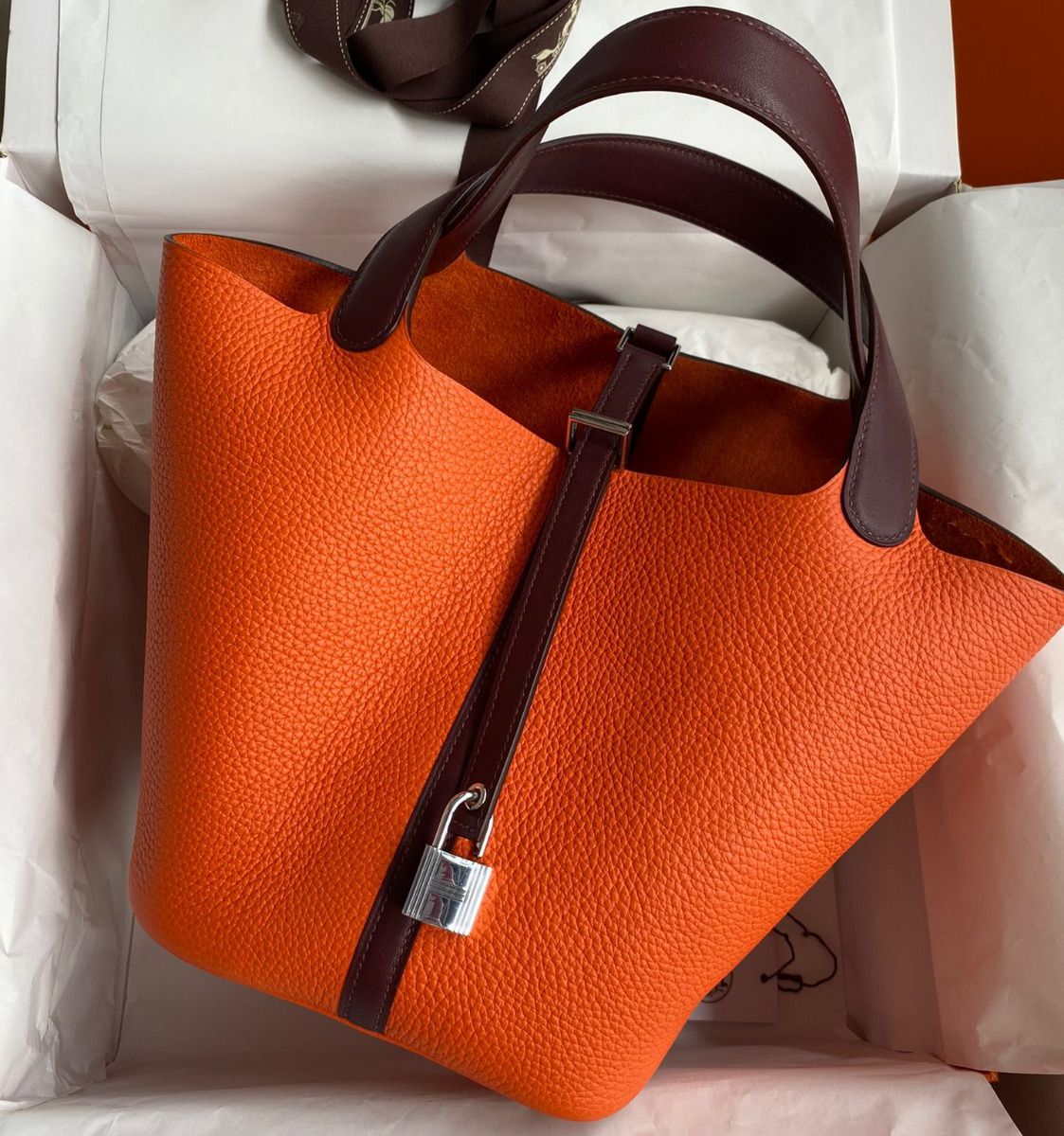 Hermes Picotin Lock 22 Bicolor Handmade Bag in Orange and Burgundy Swift Leather ReplicaTop