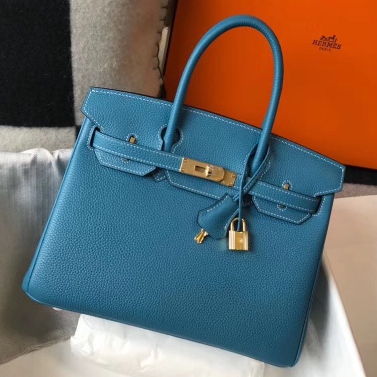 Hermes Birkin 30cm Bag In Jean Blue Clemence Leather GHW ReplicaTop