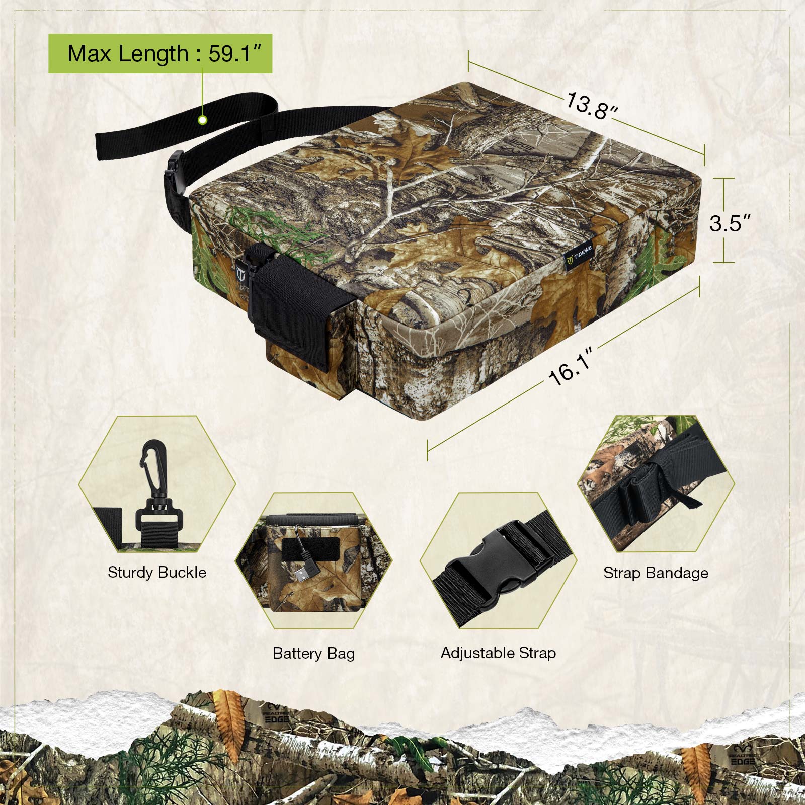 TideWe Heated Hunting Seat Cushion with Battery, Warm Insulated Seat Pads for Tree Stand & Ladder Stand - TIDEWE WADERS