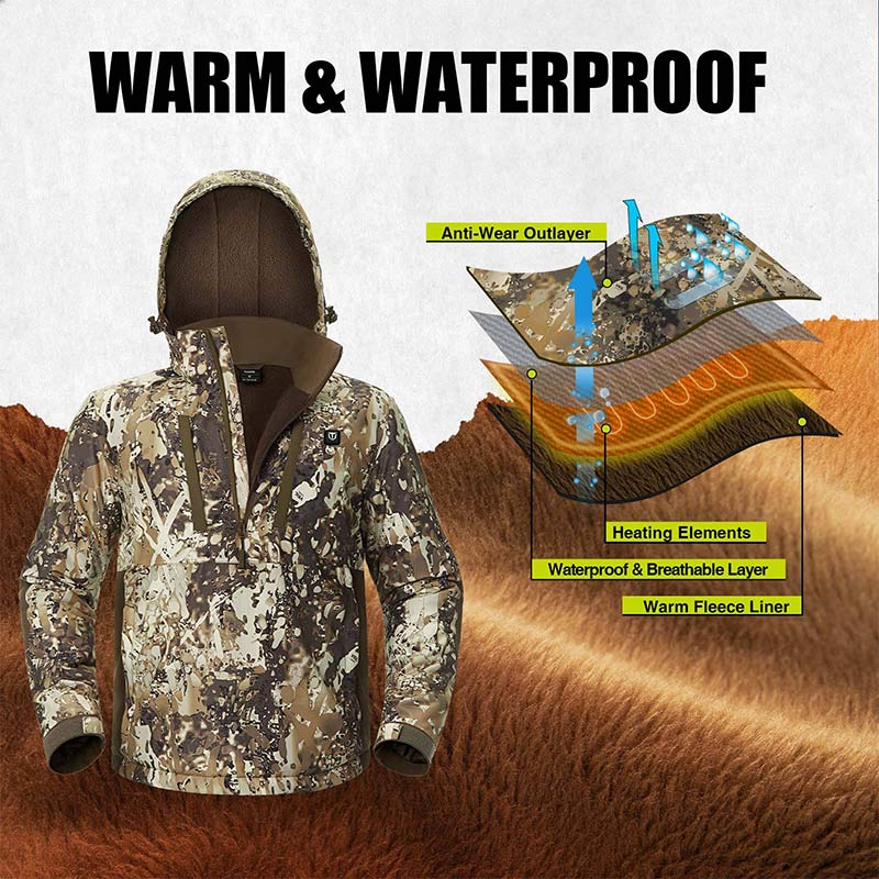 TIDEWE Men’s Heated Duck Hunting Jacket with Fleece Lining, Waterproof 1/2 Zip Jacket for Hunting (Veil Avayde Camo, Size S-XXXL) - TIDEWE WADERS