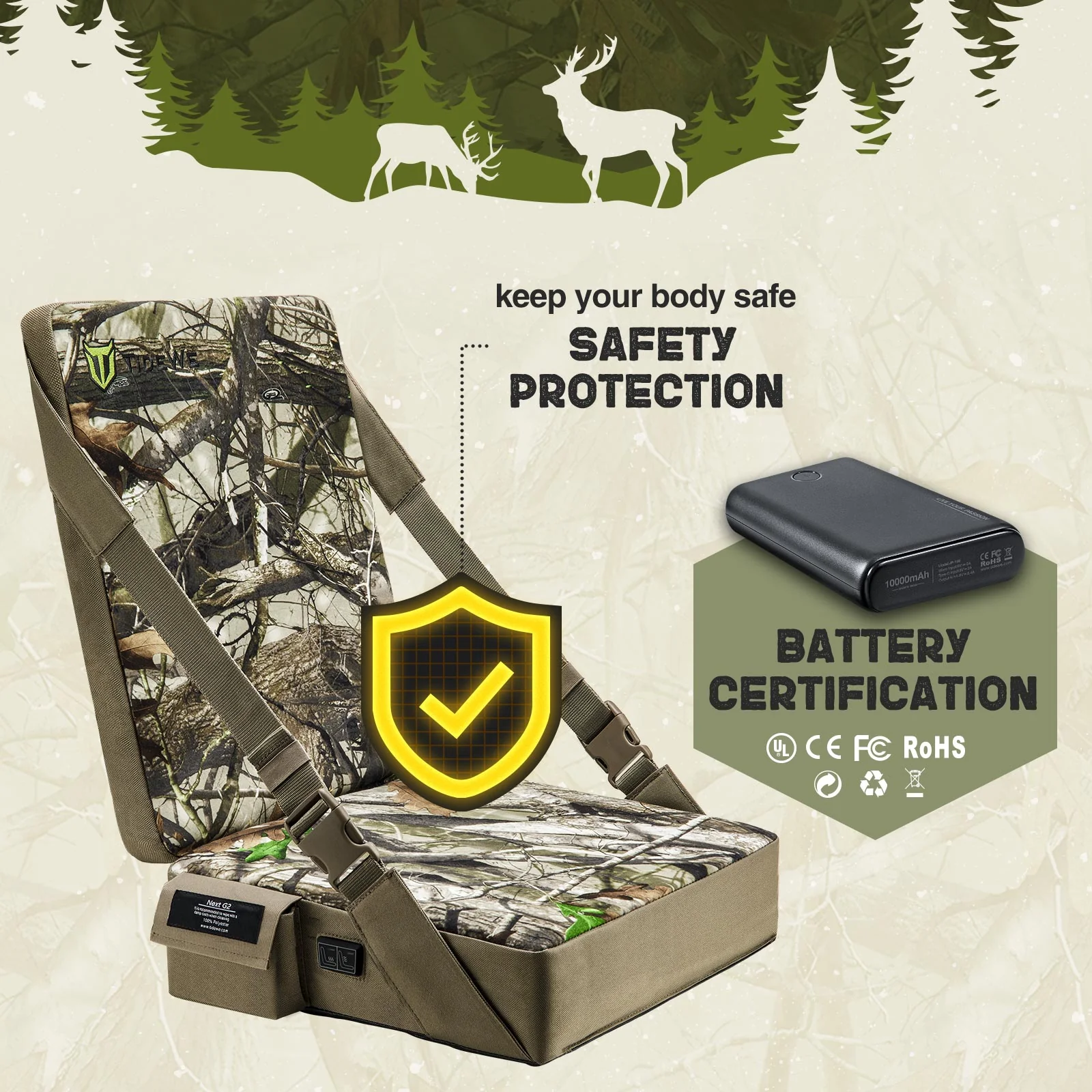 TIDEWE Hunting Heated Seat Cushion, Self-Supporting Water Resistant, Tree Stand, Warm Portable Seat Pads for Hunting, Camping, Fishing(Next Camo G2 & Vista) - TIDEWE WADERS