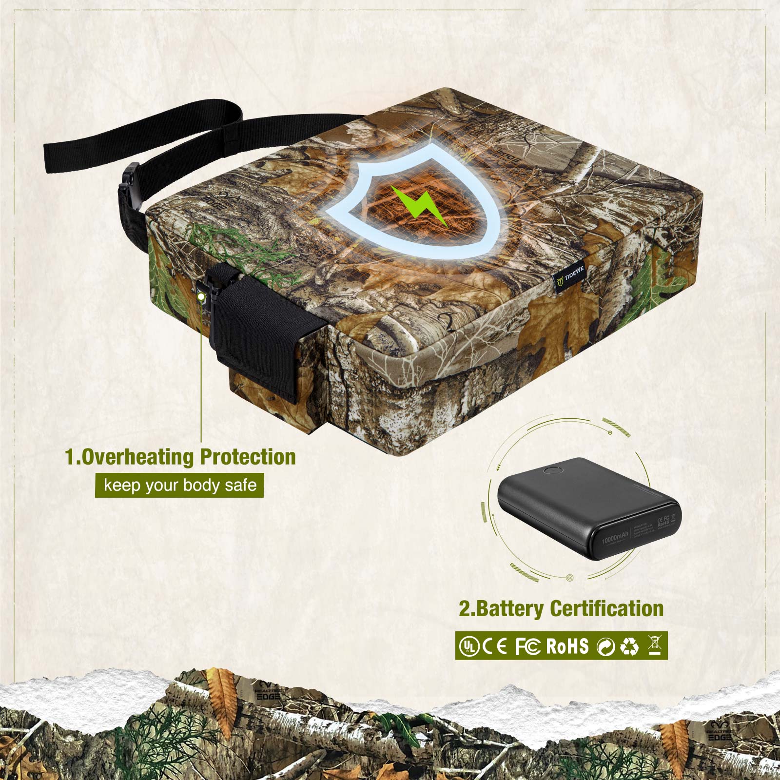 TideWe Heated Hunting Seat Cushion with Battery, Warm Insulated Seat Pads for Tree Stand & Ladder Stand - TIDEWE WADERS