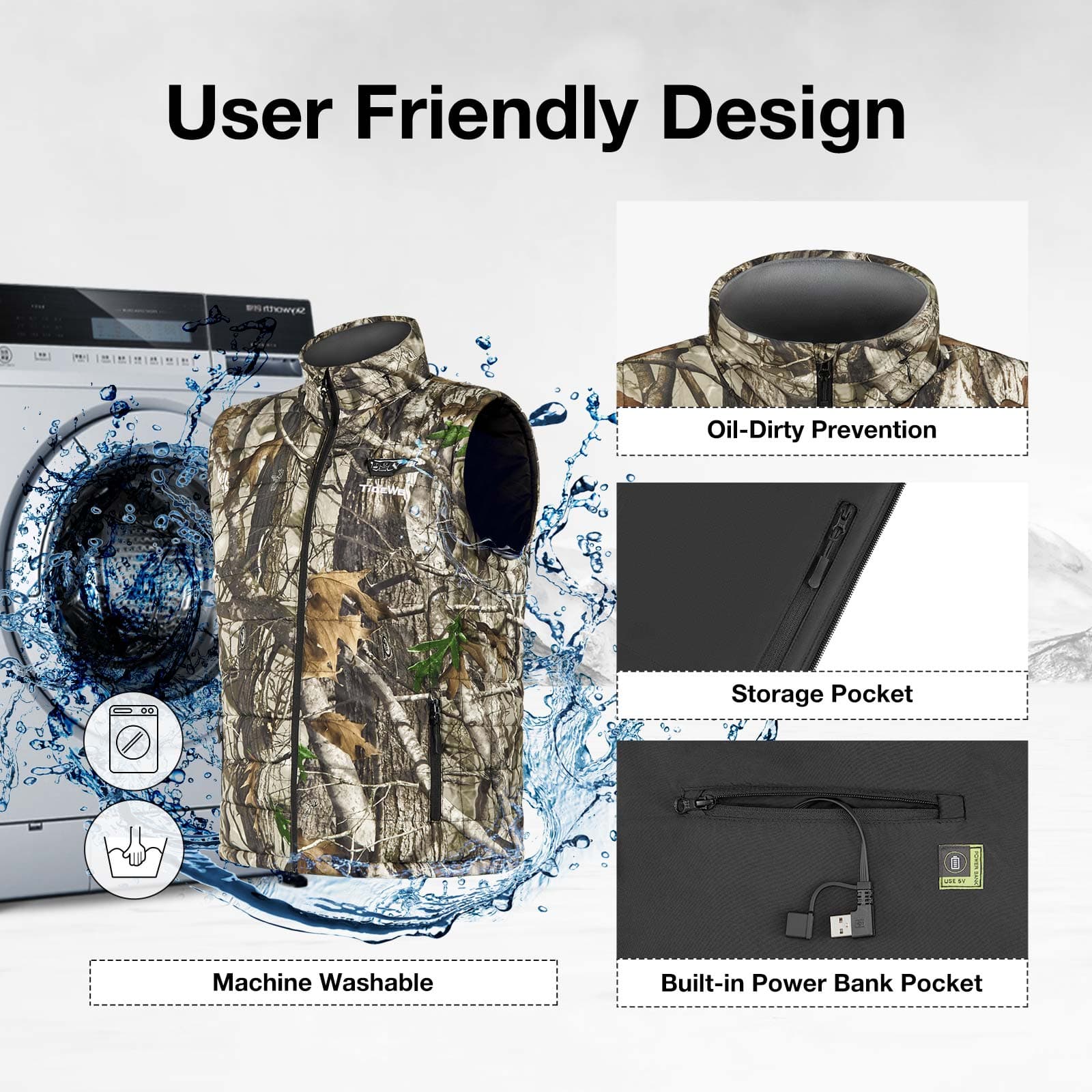 TIDEWE Men's Heated Vest with Retractable Heated Hood and Battery Pack for Hunting/Hiking (Black & Next Camo G2, S-XXXL) - TIDEWE WADERS