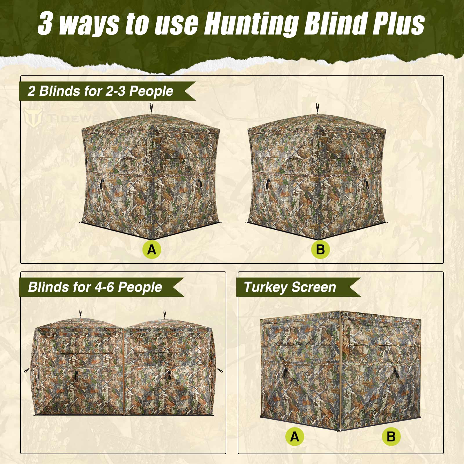 TideWe Blinds | 4-6 Person Turkey Hunting Blind See Through Camo Ground Blind - TIDEWE WADERS