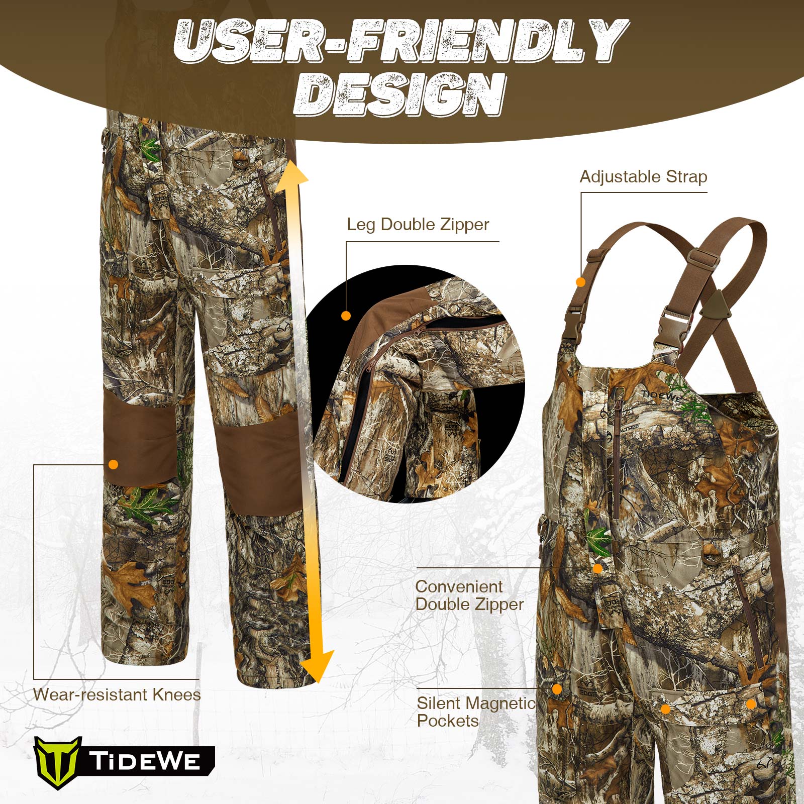 TideWe Men’s Insulated Camo Hunting Bibs with Battery, Waterproof Heated Bib for All Day Outdoor Comfort - TIDEWE WADERS