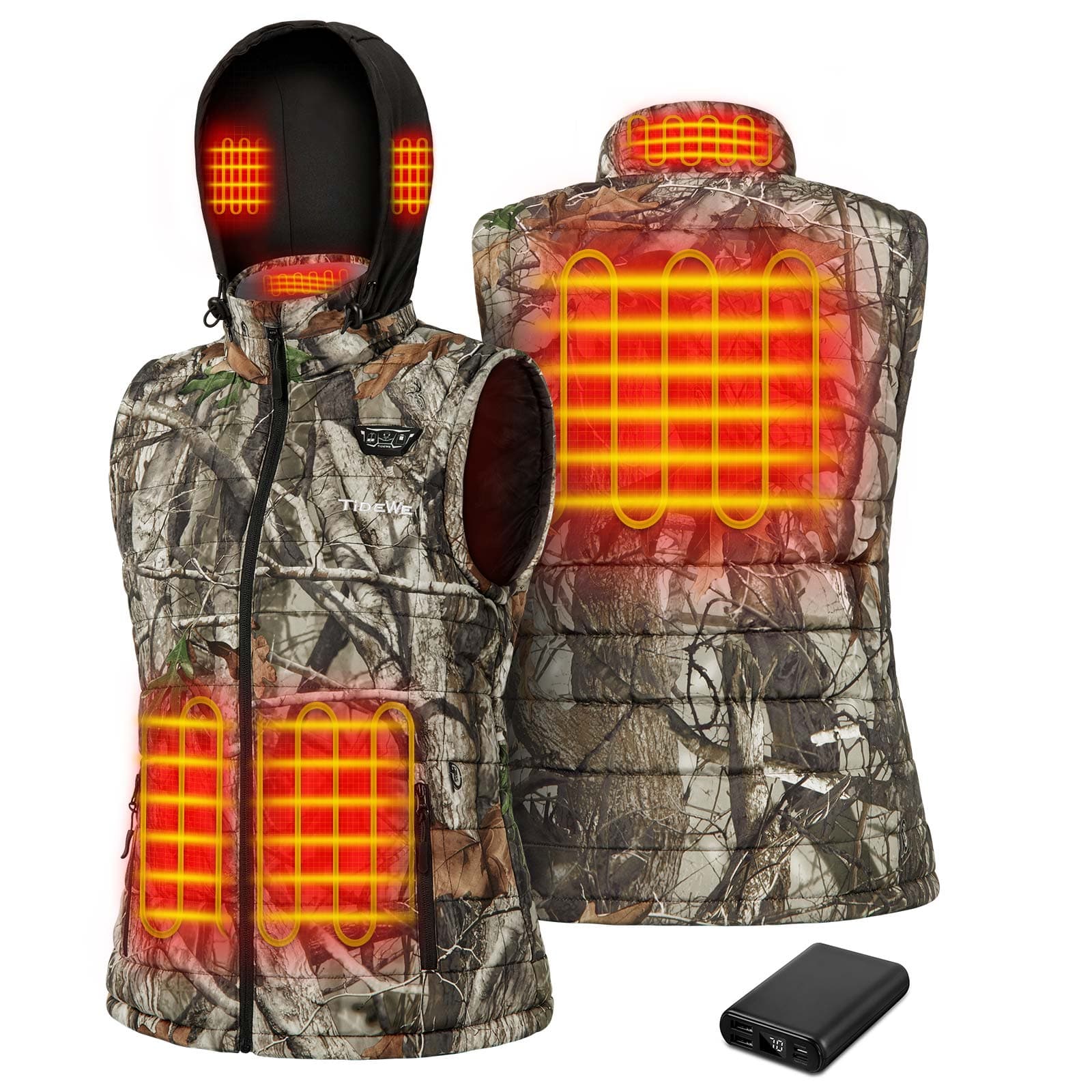 Women's Heated Vest with Retractable Heated Hood and Battery Pack for Hunting/Hiking (Black & Next Camo G2, S-XXL) - TIDEWE WADERS