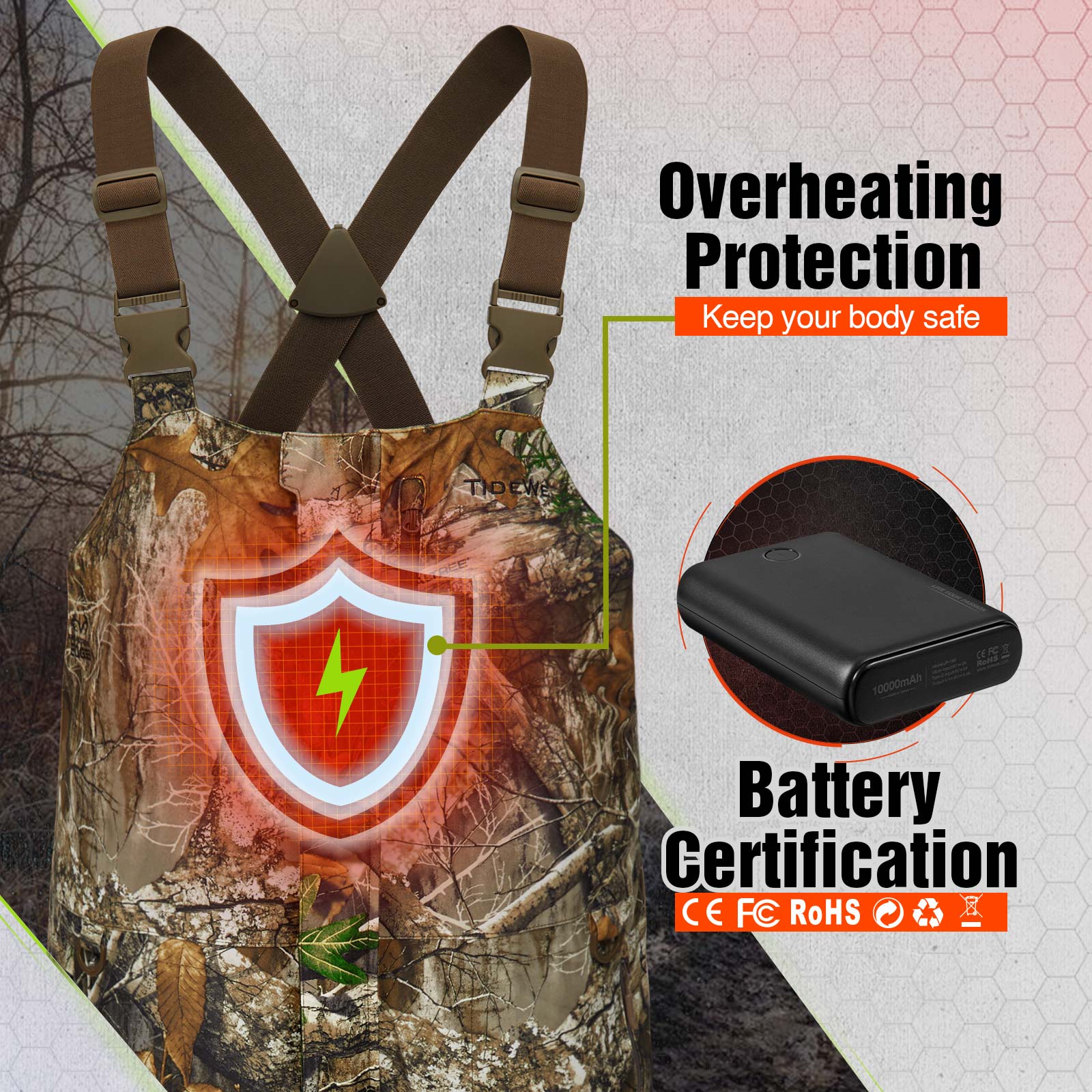 TideWe Men’s Insulated Camo Hunting Bibs with Battery, Waterproof Heated Bib for All Day Outdoor Comfort - TIDEWE WADERS