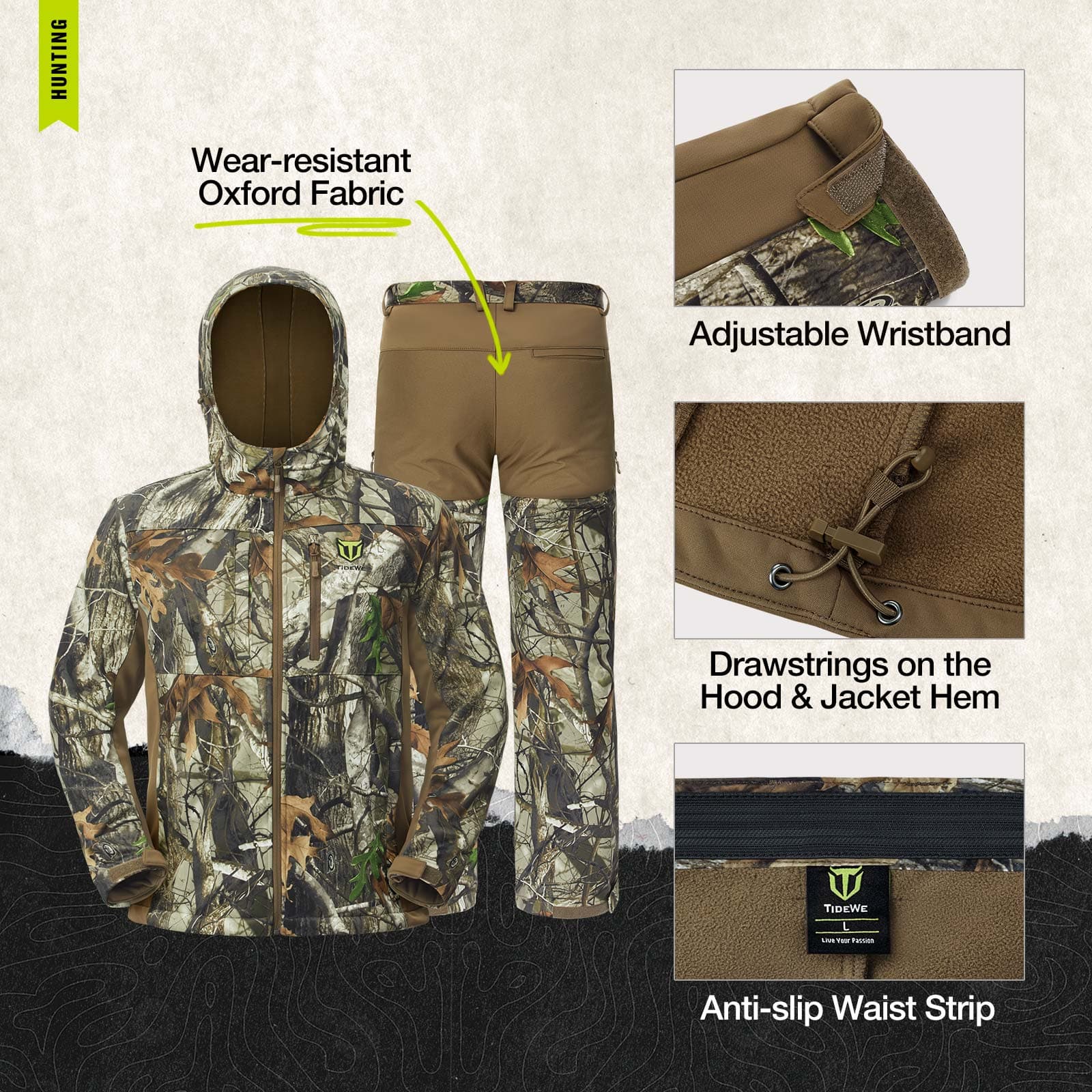 TideWe Men's Hunting Clothes,Silent Water Resistant Camo Hunting Suits - TIDEWE WADERS