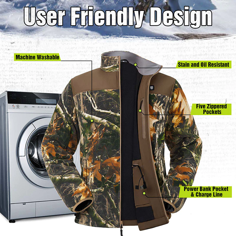 TIDEWE Men’s Heated Jacket Fleece with Battery Pack, Rechargeable Coat for Hunting (Black, Camo, Size S-XXXL) - TIDEWE WADERS