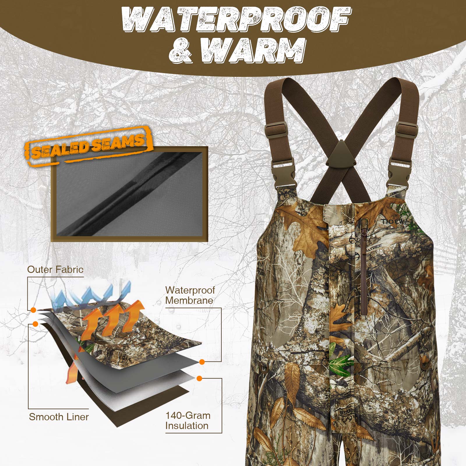 TideWe Men’s Insulated Camo Hunting Bibs with Battery, Waterproof Heated Bib for All Day Outdoor Comfort - TIDEWE WADERS