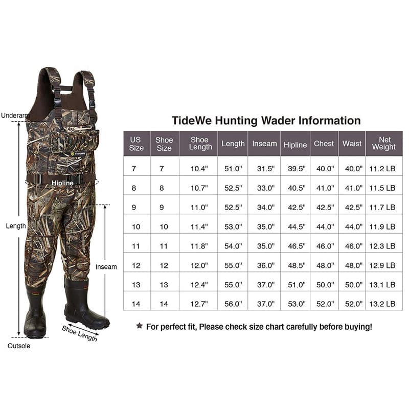 TideWe Hunting Wader 5mm Neoprene Fleece-Lined Chest Waders with 1600 Gram Insulation Rubber Boots - TIDEWE WADERS