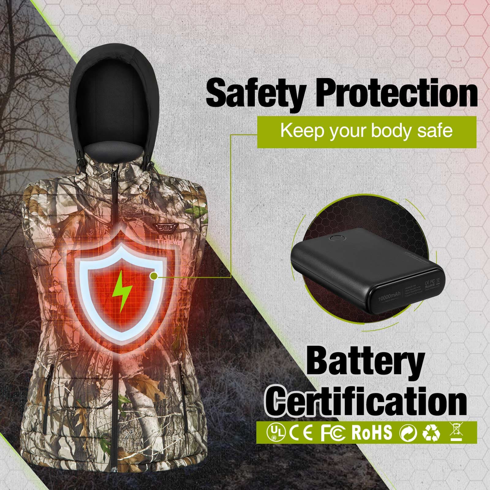 TIDEWE Women's Heated Vest with Retractable Heated Hood and Battery Pack for Hunting/Hiking (Black & Next Camo G2, S-XXL) - TIDEWE WADERS