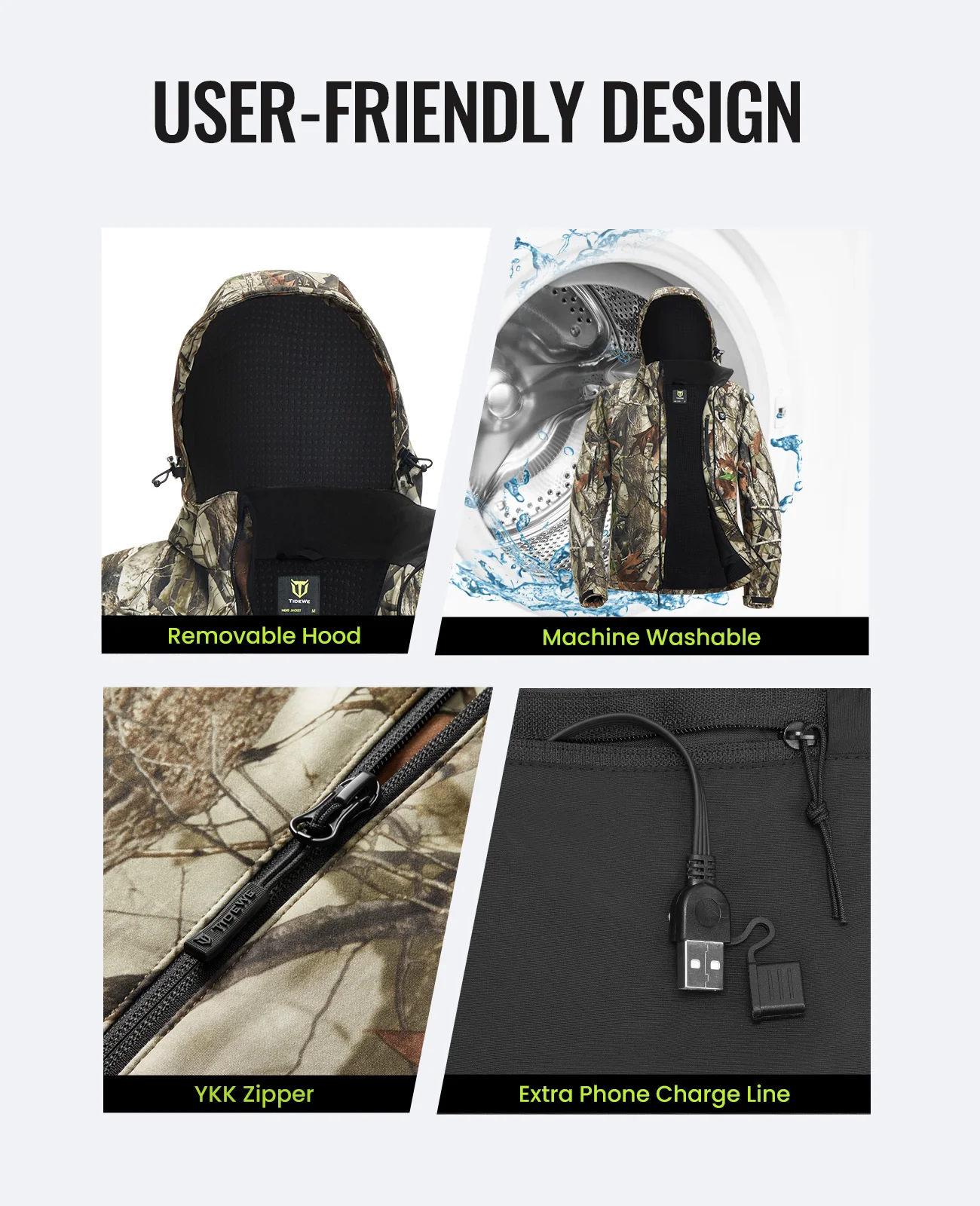 TideWe Men's Soft Shell Heated Jacket Coat with Detachable Hood and Battery Pack Size S-XXXL - TIDEWE WADERS