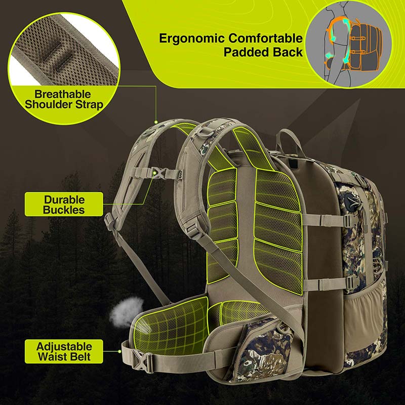 TIDEWE Hunting Backpack with Extendable Capacity 40 - 66L, Durable Hunting Pack with Rain Cover for Bow/Rifle/Pistol (Next Camo G2) - TIDEWE WADERS