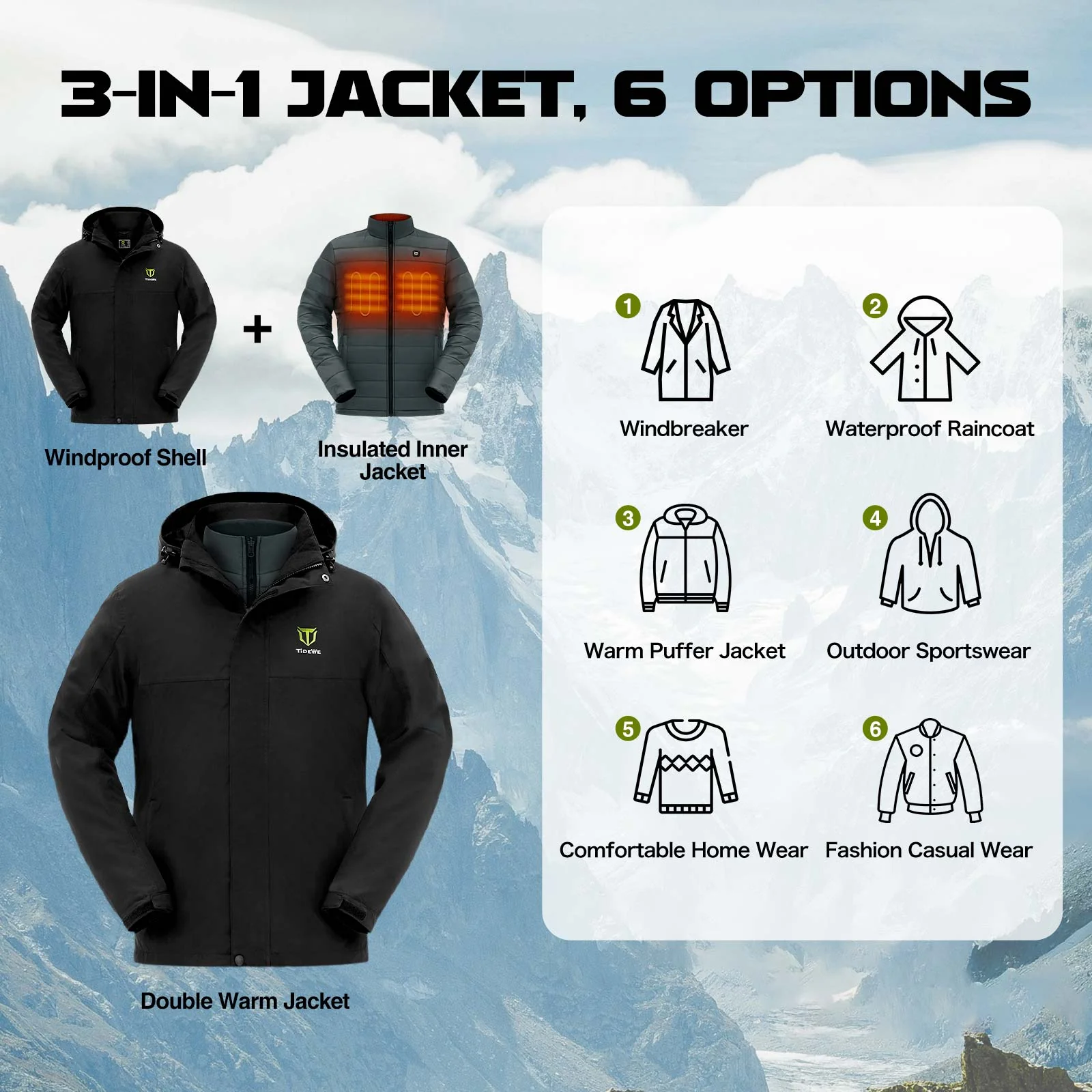 TideWe Men's 3-in-1 Heated Jacket with Battery Pack, Ski Jacket Winter Coat - TIDEWE WADERS