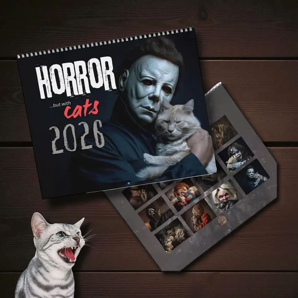 Horror Cats 2026 Wall Calendar, Funny Movie Villains Gift