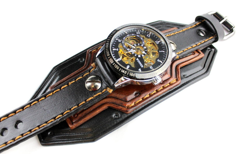 Black And Brown Men's Leather Watch Band With Steampunk Watch Face