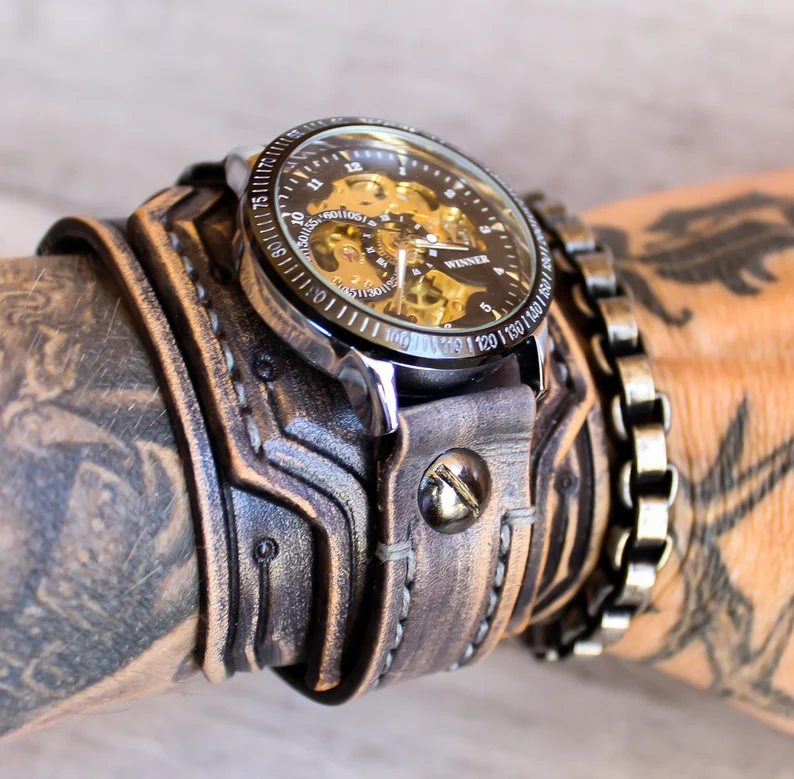 Men's Steampunk Gray Leather Wrist Watch