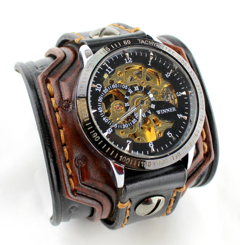 Black And Brown Men's Leather Watch Band With Steampunk Watch Face