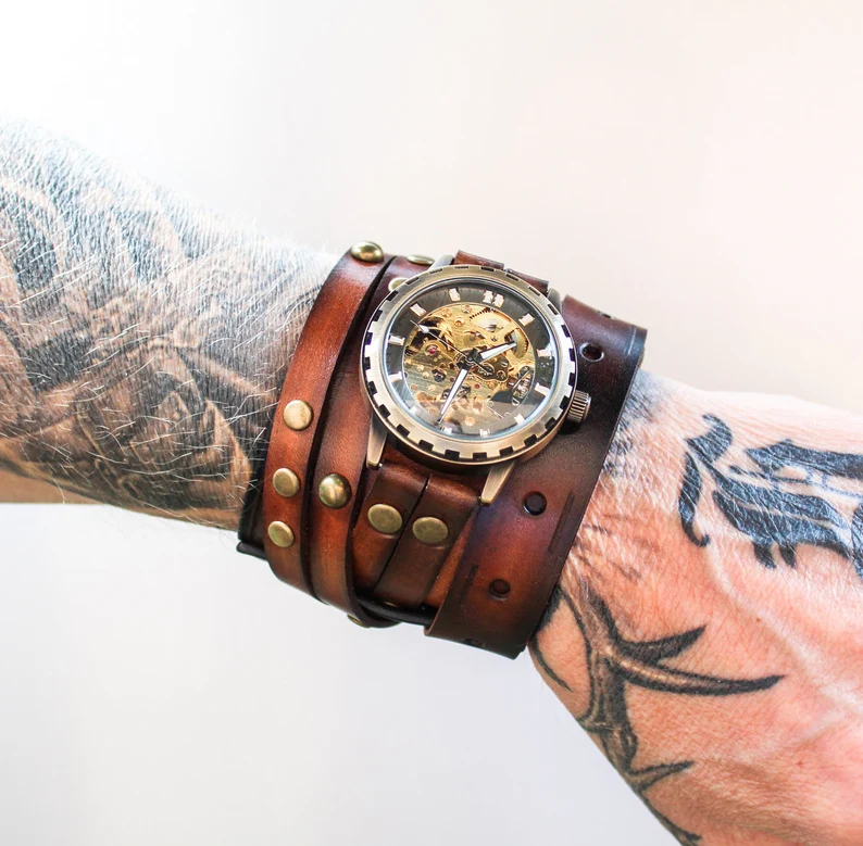 Men's Steampunk Leather Watch Cuff|Mechanical Watch