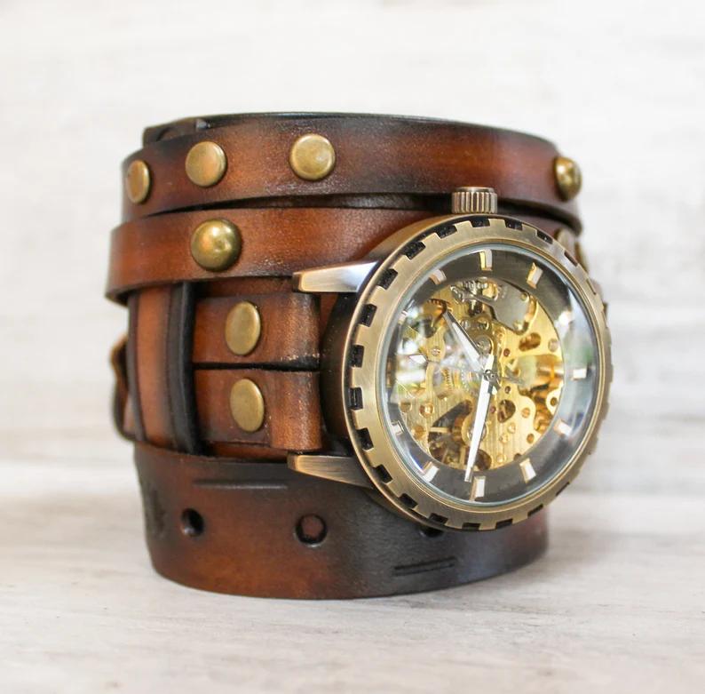 Men's Steampunk Leather Watch Cuff|Mechanical Watch